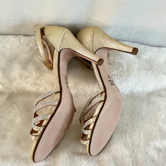 NEW Gold Sparkle Ankle Strap Heels w Rhinestones Open Toe Party Shoes Size 6.5 - Picture 5 of 7
